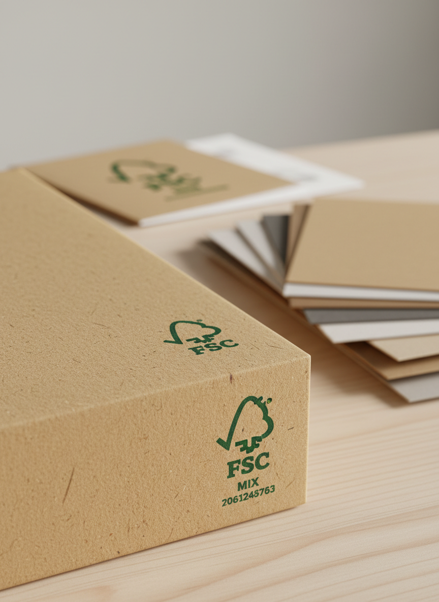 A close-up, highly detailed view of an FSC certification mark printed crisply in dark green ink on the textured surface of a sturdy kraft paper box. The fibers of the responsibly sourced paper are subtly visible, emphasizing natural materials. The box rests on a light wood desk, surrounded by neatly stacked sheets of sample packaging papers and a small, blurred-out FSC information booklet in the background. Soft, diffused overcast light from an unseen window illuminates the scene, creating minimal shadows and a calm, professional atmosphere. Captured from a slightly elevated angle with sharp focus on the logo and shallow depth of field beyond, the photographic style feels clean, credible, and sustainability-focused.