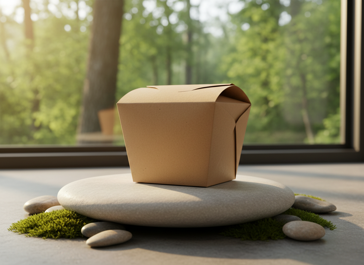 A serene, nature-inspired product showcase where a single, elegantly folded kraft paper food box sits atop a smooth, light stone slab, surrounded by small patches of soft green moss and a few scattered, clean river pebbles. Behind it, a gently blurred backdrop of leafy greenery seen through a large window reinforces the connection to forests and habitat protection. Late afternoon natural light streams in at an angle, creating warm highlights on the box’s matte surface and subtle reflections on the stone. Captured at a low, slightly angled perspective with shallow depth of field, the photographic, clean, and organic aesthetic communicates harmony between packaging and the environment.