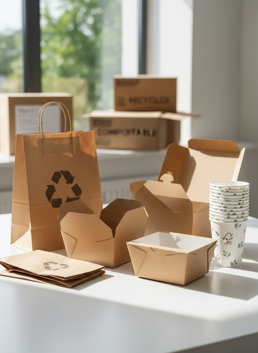 A neatly arranged collection of eco-friendly paper food packaging displayed on a clean white tabletop, including kraft paper takeaway boxes, FSC-certified paper cups with leaf patterns, and folded paper bags with subtle recycling symbols. In the background, softly blurred stacks of labeled cartons and a faint glimpse of green foliage outside a large window reinforce sustainability. Natural daylight filters through the window, creating gentle highlights on the smooth, matte paper surfaces and casting soft, elongated shadows. Shot at eye level with photographic realism and a shallow depth of field, the composition follows the rule of thirds, conveying a professional, trustworthy, and environmentally responsible brand identity for a modern packaging company.