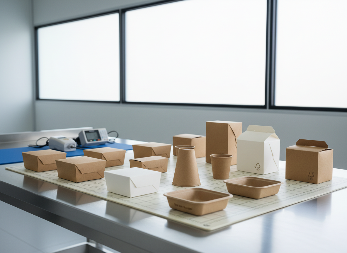 A pristine stainless steel worktable inside a quality-controlled packaging room, displaying a quality test layout of eco-friendly paper food cartons, cups, and trays, each carefully spaced on a light, grid-marked test mat. Behind them, instruments such as a digital caliper and moisture gauge rest neatly, slightly out of focus, implying rigorous standards. Large frosted windows along the wall allow soft, diffused daylight to bathe the scene, producing clean, low-contrast shadows and a calm, clinical yet sustainable mood. Photographic realism, shot from a slightly low, three-quarter angle with moderate depth of field, emphasizes the robustness and precision of FSC-certified packaging products from responsible mills.