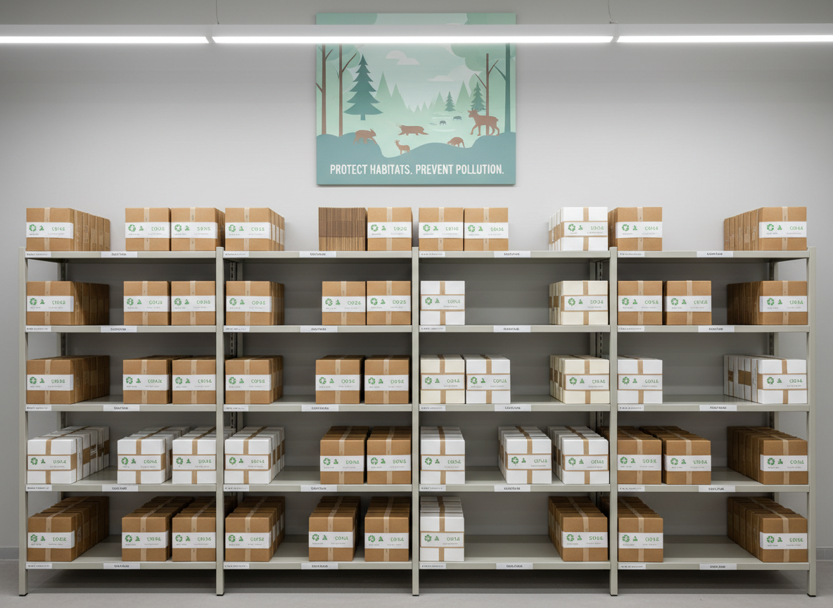 An organized production shelf in a modern packaging facility, filled with rows of flat-packed, unprinted paper food containers made from different FSC-certified stocks, ranging from natural brown kraft to smooth, bright white. Each bundle is tied with simple paper bands labeled with eco-friendly icons and mill names. The shelf is made of light-colored metal, standing against a pale gray wall with a large, soft-focus poster about habitat protection and pollution prevention. Overhead LED lighting casts even, neutral illumination with soft shadows under each bundle. Photographic realism with a wide-angle, eye-level composition captures sharp detail throughout, creating a clean, efficient, and environmentally conscious mood.