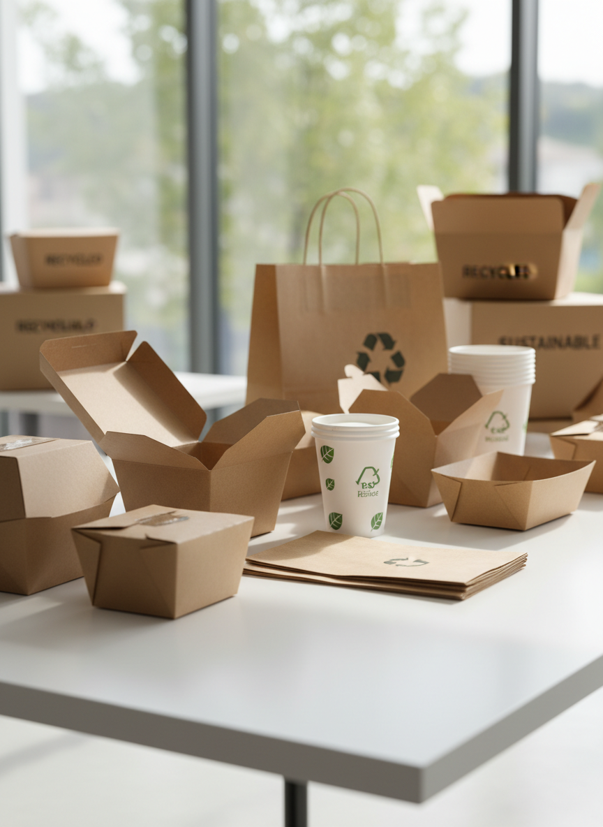 A neatly arranged collection of eco-friendly paper food packaging displayed on a clean white tabletop, including kraft paper takeaway boxes, FSC-certified paper cups with leaf patterns, and folded paper bags with subtle recycling symbols. In the background, softly blurred stacks of labeled cartons and a faint glimpse of green foliage outside a large window reinforce sustainability. Natural daylight filters through the window, creating gentle highlights on the smooth, matte paper surfaces and casting soft, elongated shadows. Shot at eye level with photographic realism and a shallow depth of field, the composition follows the rule of thirds, conveying a professional, trustworthy, and environmentally responsible brand identity for a modern packaging company.