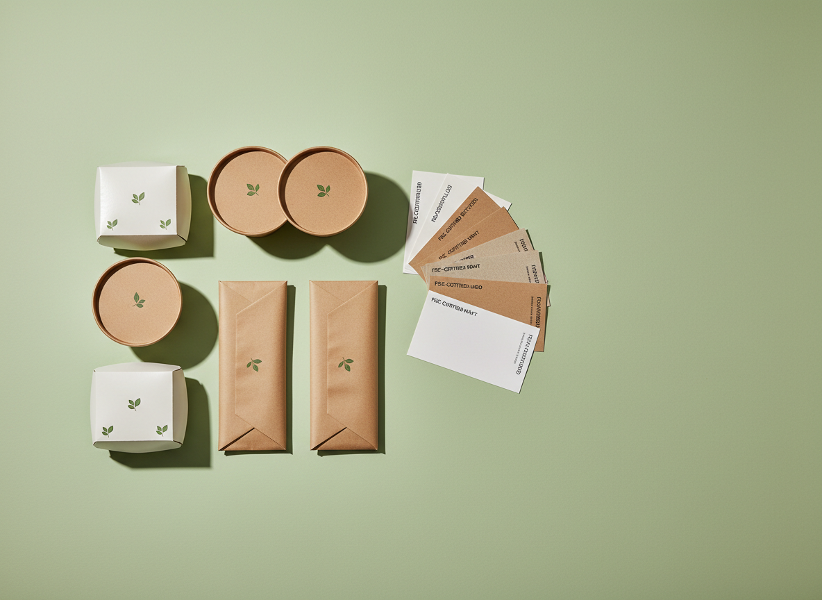 A minimalist flat-lay composition of sustainable food packaging solutions arranged on a pale green background, including compostable paper burger boxes, salad bowls with paper lids, and elegantly folded paper wraps, all in natural tones with small green leaf motifs. Beside them lie neat sample swatches labeled with different FSC-certified paper grades and finishes. Soft studio lighting from the left produces gentle gradients on the curved surfaces and subtle shadows, giving depth without clutter. The photographic image uses top-down bird’s-eye view with ample negative space, creating a modern, professional, and eco-forward atmosphere ideal for a sustainability-focused packaging brand presentation.