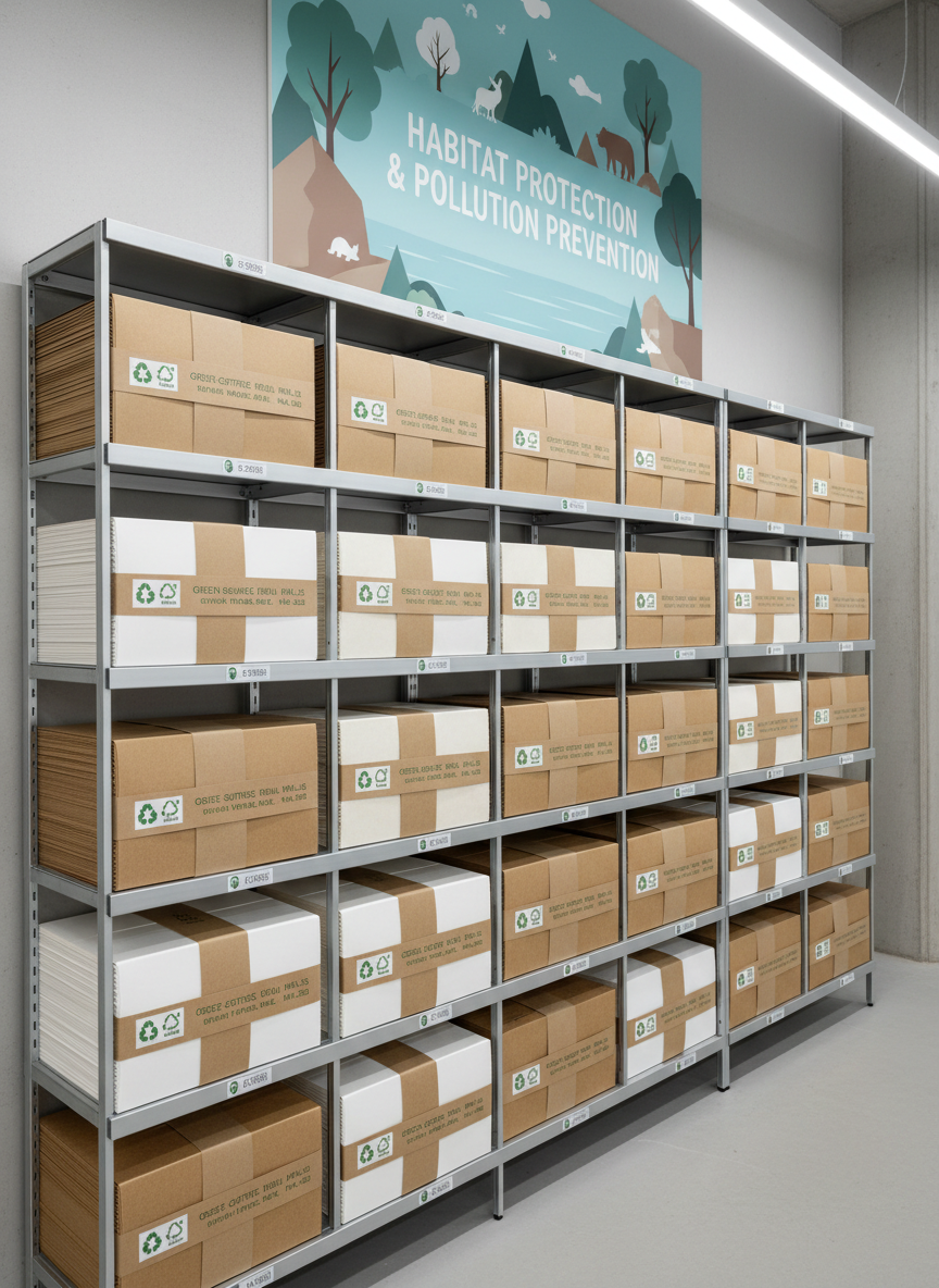 An organized production shelf in a modern packaging facility, filled with rows of flat-packed, unprinted paper food containers made from different FSC-certified stocks, ranging from natural brown kraft to smooth, bright white. Each bundle is tied with simple paper bands labeled with eco-friendly icons and mill names. The shelf is made of light-colored metal, standing against a pale gray wall with a large, soft-focus poster about habitat protection and pollution prevention. Overhead LED lighting casts even, neutral illumination with soft shadows under each bundle. Photographic realism with a wide-angle, eye-level composition captures sharp detail throughout, creating a clean, efficient, and environmentally conscious mood.