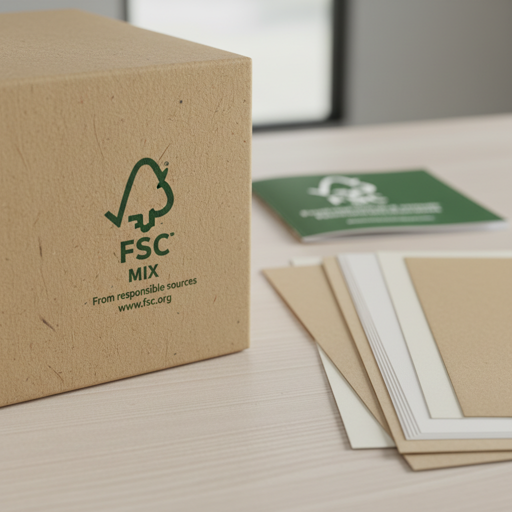 A close-up, highly detailed view of an FSC certification mark printed crisply in dark green ink on the textured surface of a sturdy kraft paper box. The fibers of the responsibly sourced paper are subtly visible, emphasizing natural materials. The box rests on a light wood desk, surrounded by neatly stacked sheets of sample packaging papers and a small, blurred-out FSC information booklet in the background. Soft, diffused overcast light from an unseen window illuminates the scene, creating minimal shadows and a calm, professional atmosphere. Captured from a slightly elevated angle with sharp focus on the logo and shallow depth of field beyond, the photographic style feels clean, credible, and sustainability-focused.